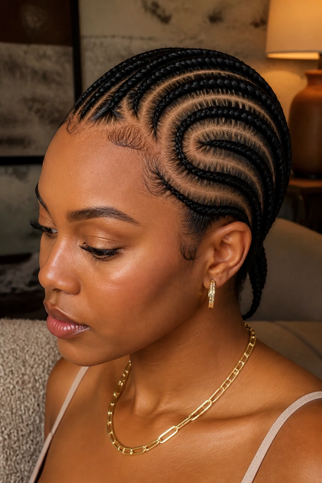 Close-up of a Black woman with curved C-shape cornrows in a cozy room
