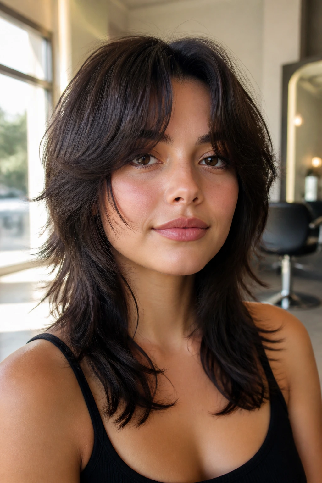 Close-up of a real woman with curved curtain-bang wolf cut highlighting the curved arc around the cheeks.