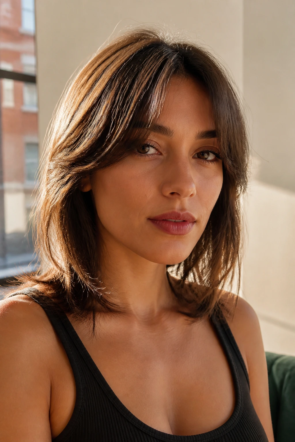 Close-up of a real woman with curved curtain bangs forming a soft arc