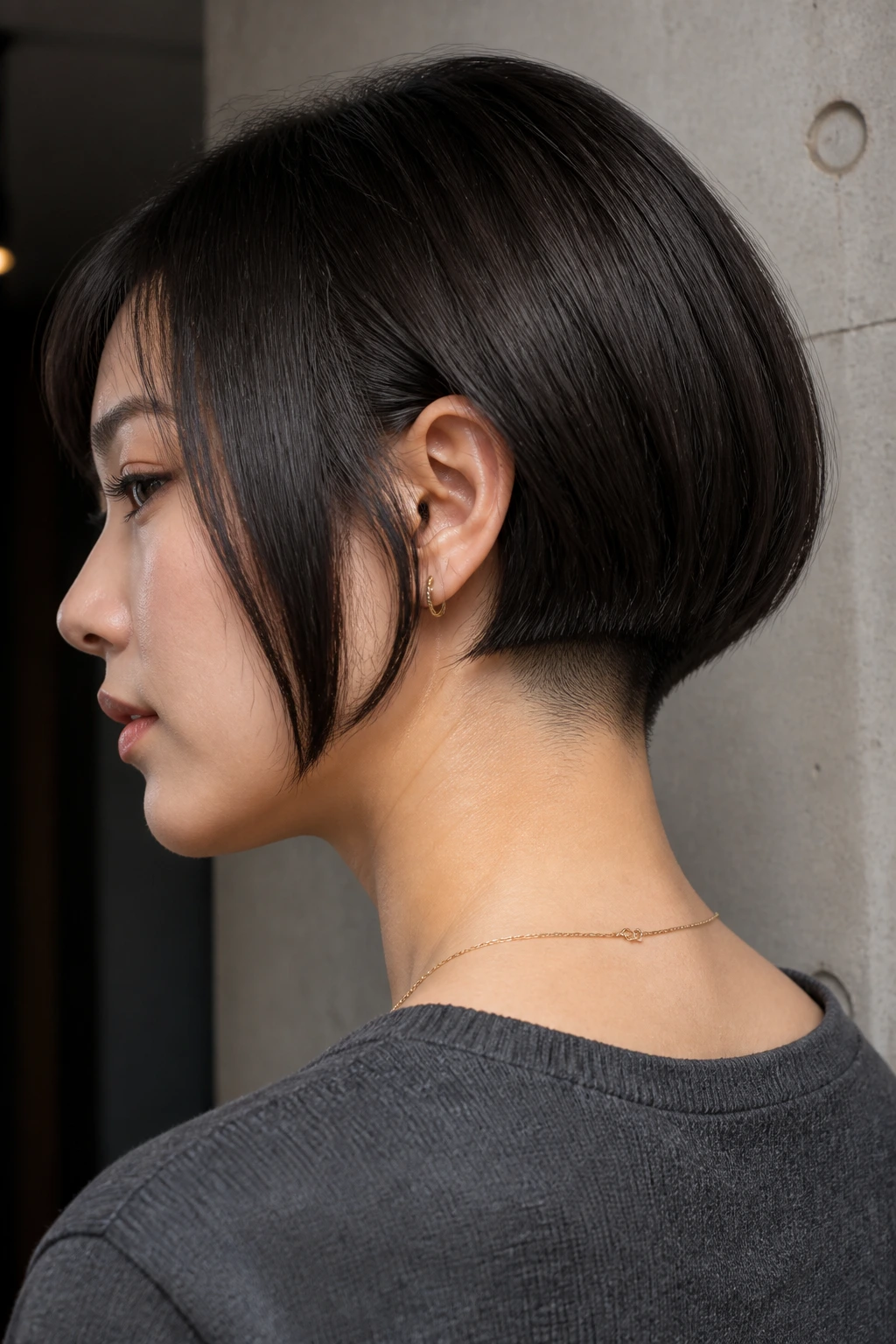Portrait of a real woman with a curved-edge blunt bob and hidden undercut.