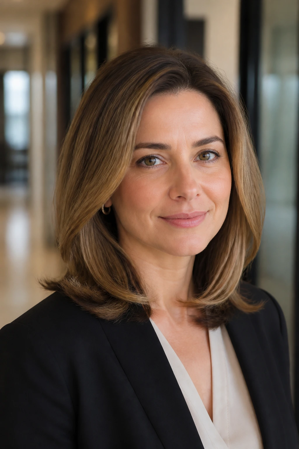 Close-up portrait of a real woman with curved-end blowout in an office setting