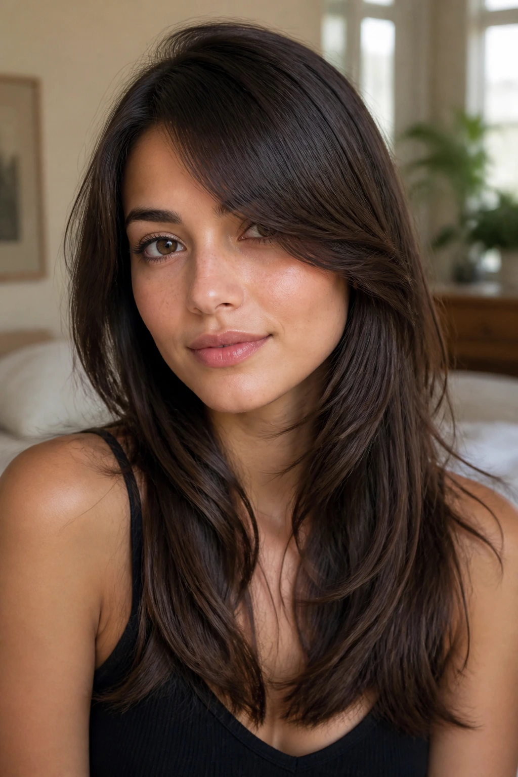 Close-up of a real person with curved-end bangs flipping under the cheekbone.