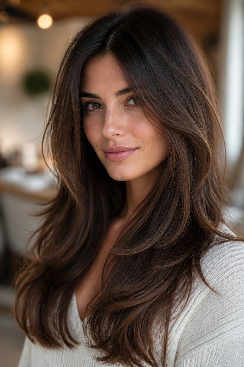 Close-up portrait of a real woman with curved ends and internal weight removal