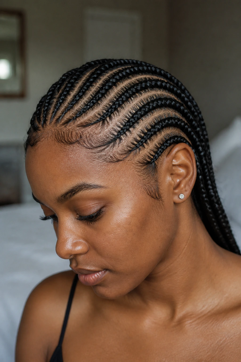 Close-up of a real woman with curved feed-in braids arcing around the head in natural window light