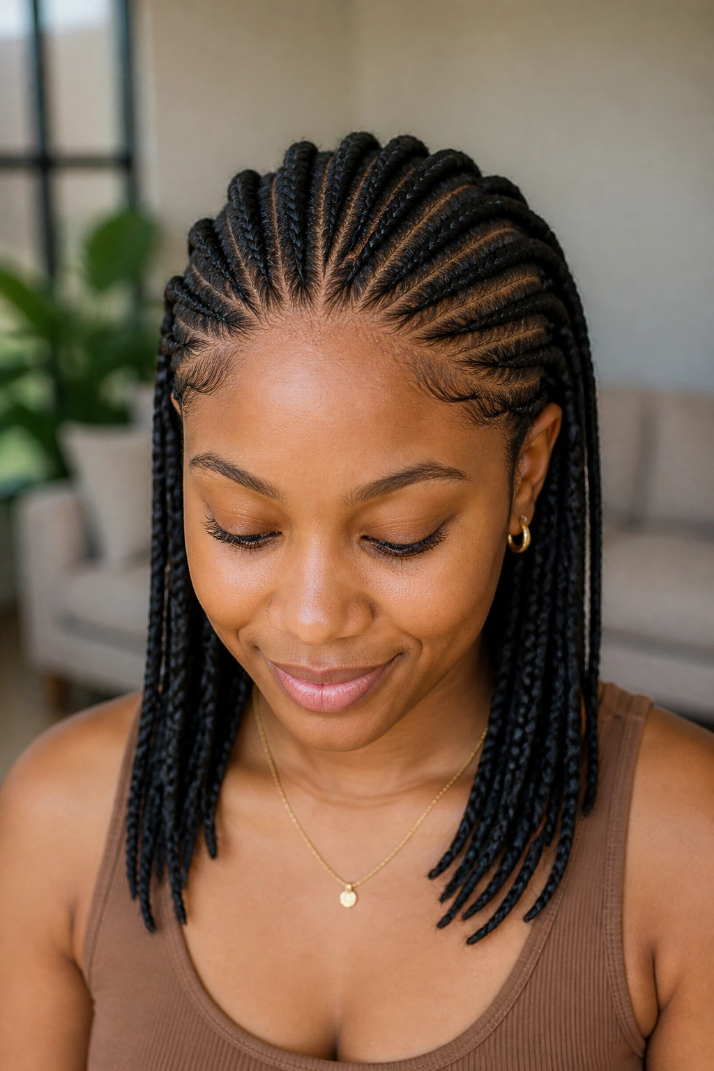 Curved feed-in cornrows on real person