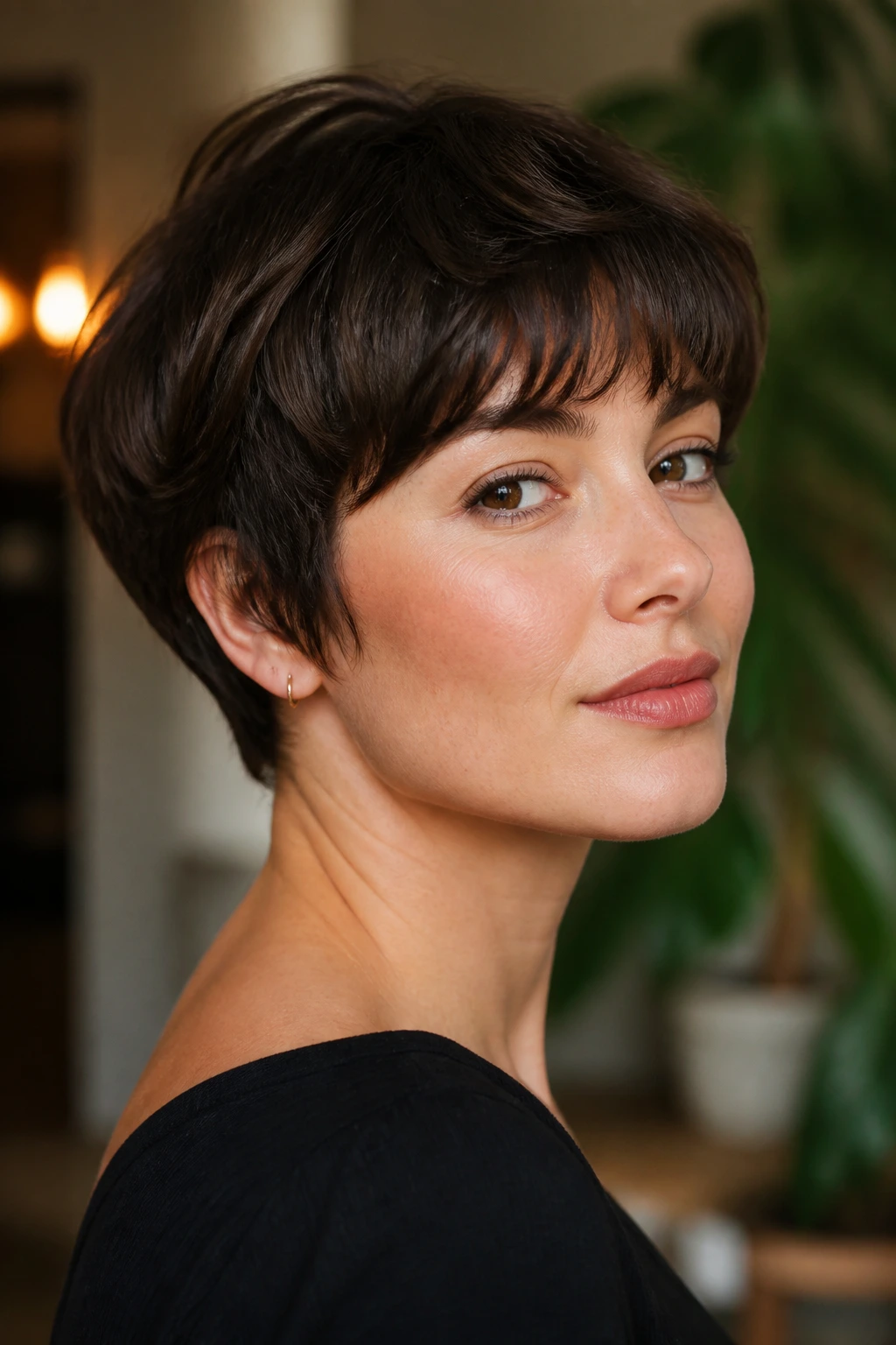 Portrait of a woman with curved fringe French pixie