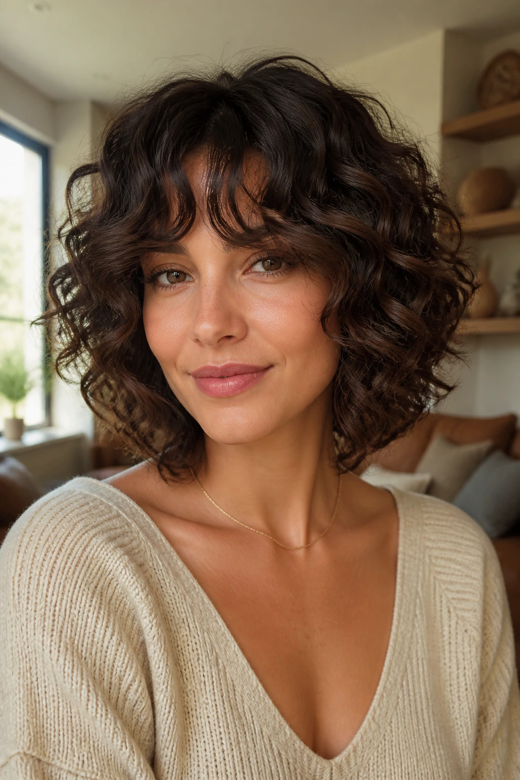 Close-up portrait of a real woman with Curved Fringe Bob in a sunlit living room.