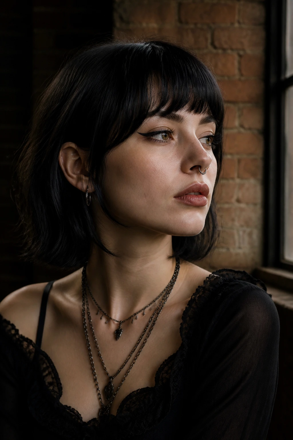Real person with a brow-grazing curved fringe following the brow line, moody lighting.