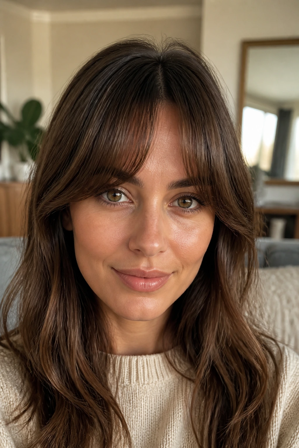 Close-up of a real person with curved French fringe and center arc in natural light