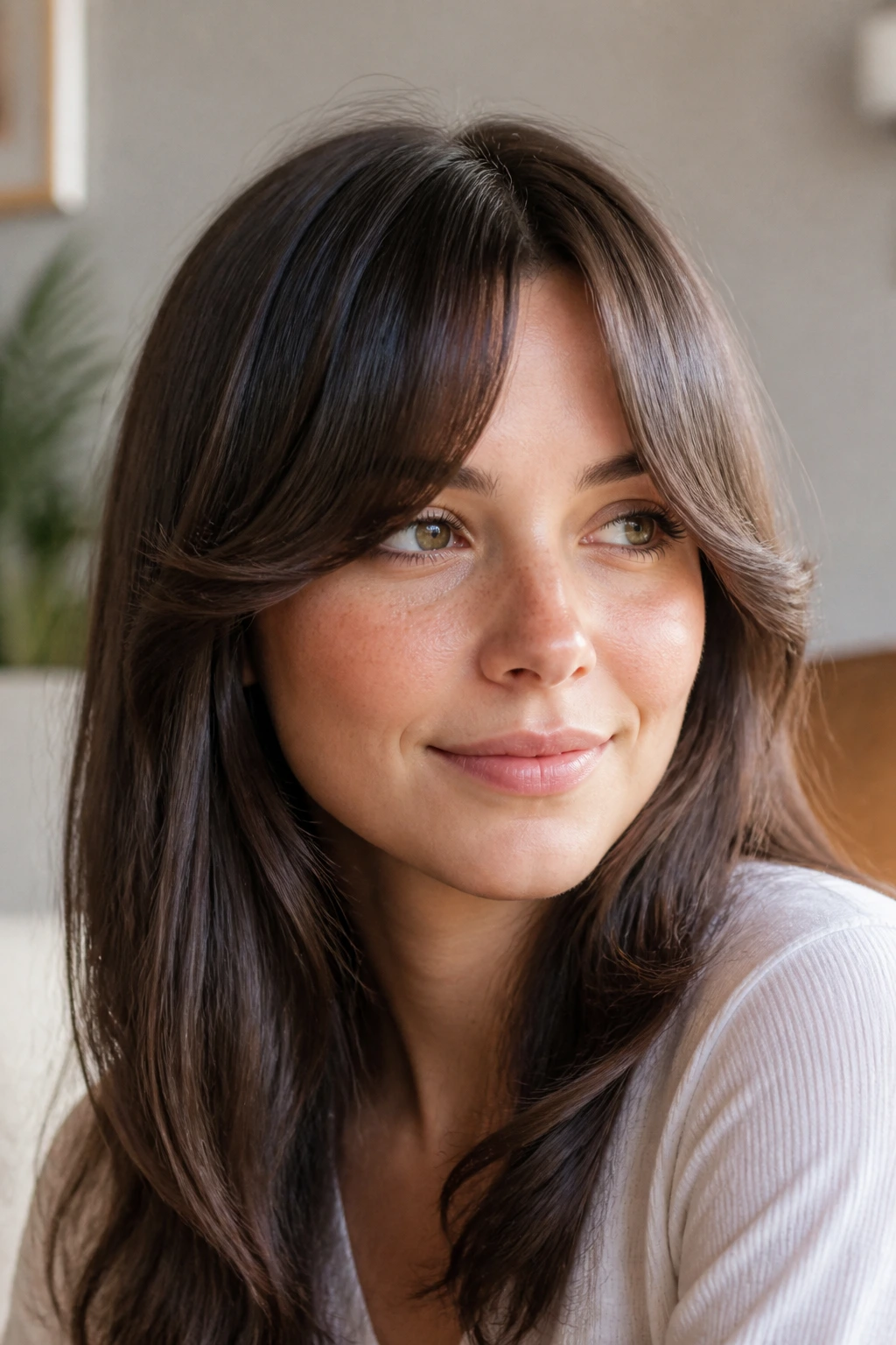 Close-up of a real woman with a curved center-part fringe arching over the forehead