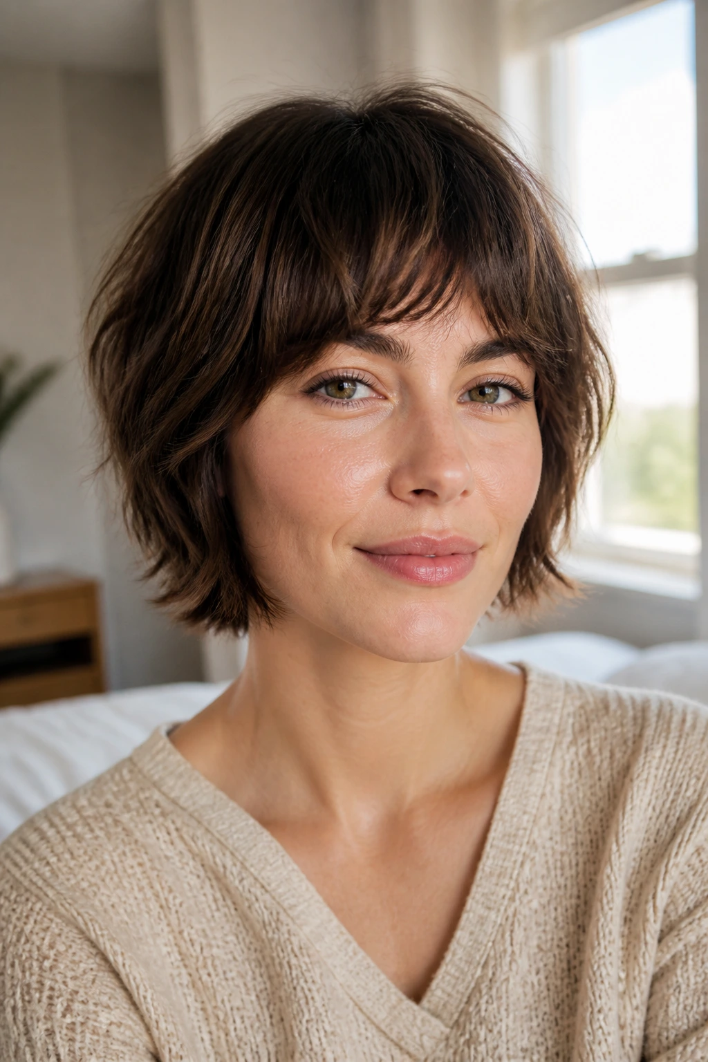 Real woman with curved fringe crop captured in bright bedroom light