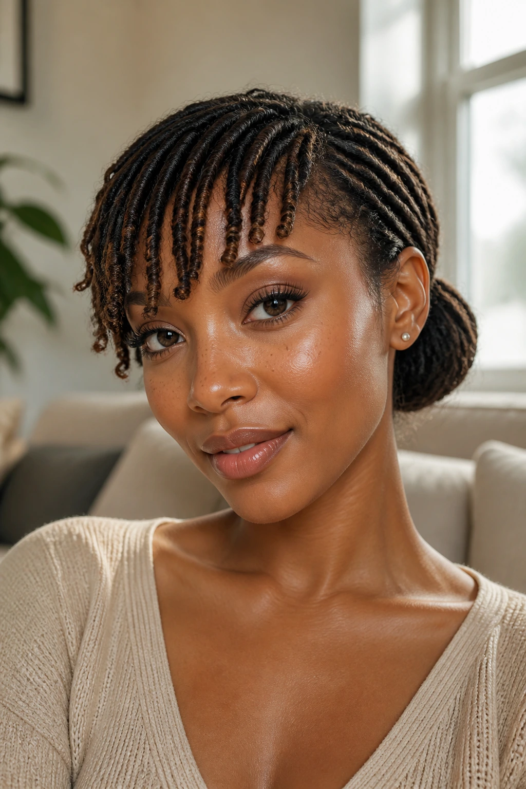 Portrait of a real woman with curved fringe and a low bun.