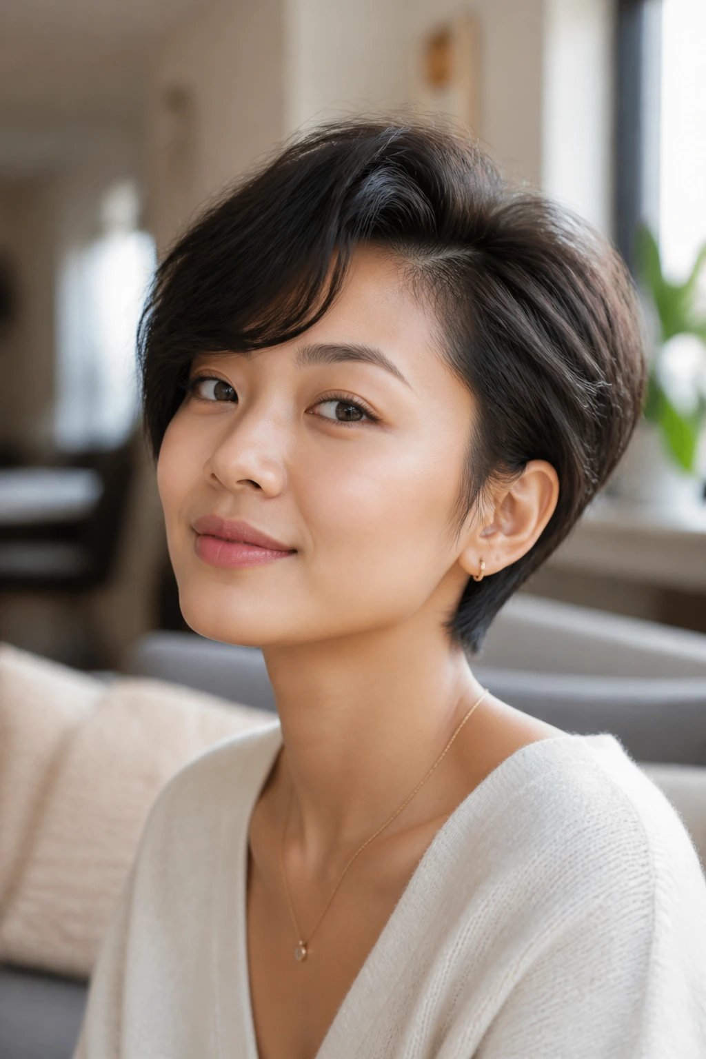 Close-up portrait of an Asian woman with a curved fringe quiff