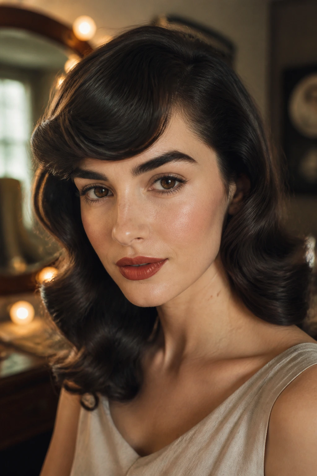 Close-up portrait of a real woman with curved fringe and soft waves in a vintage dressing room