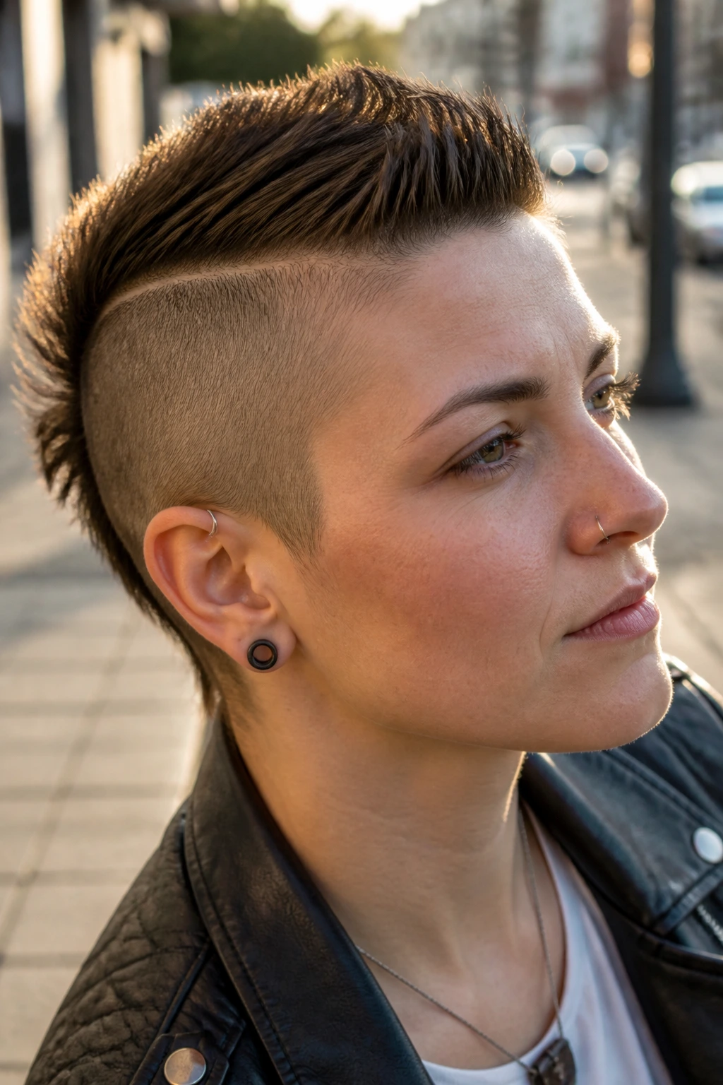 Portrait of real person with curved hawk hairstyle on city sidewalk