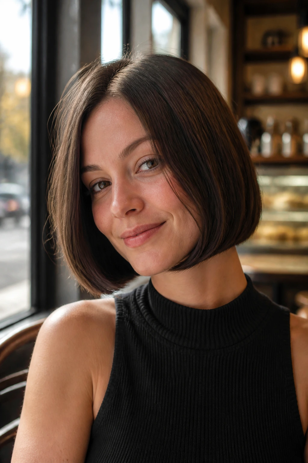 Close-up portrait of a real woman with a curved-in blunt bob