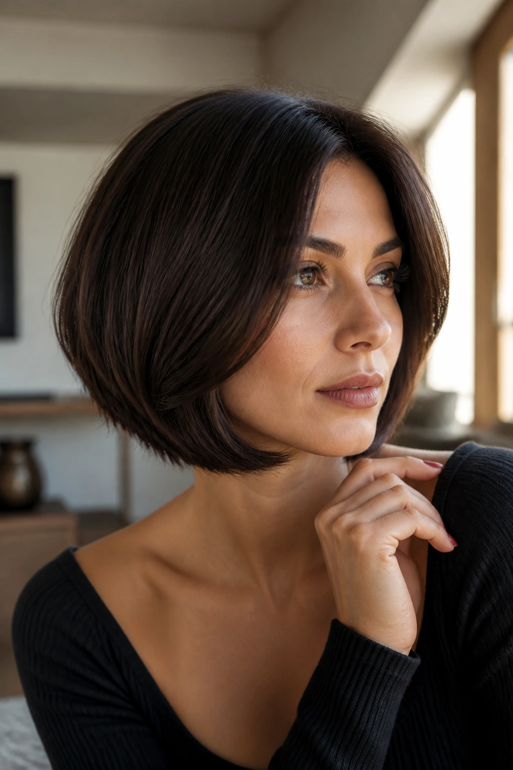 Real woman with curved-in C-shape Italian bob; inward curve along jawline.