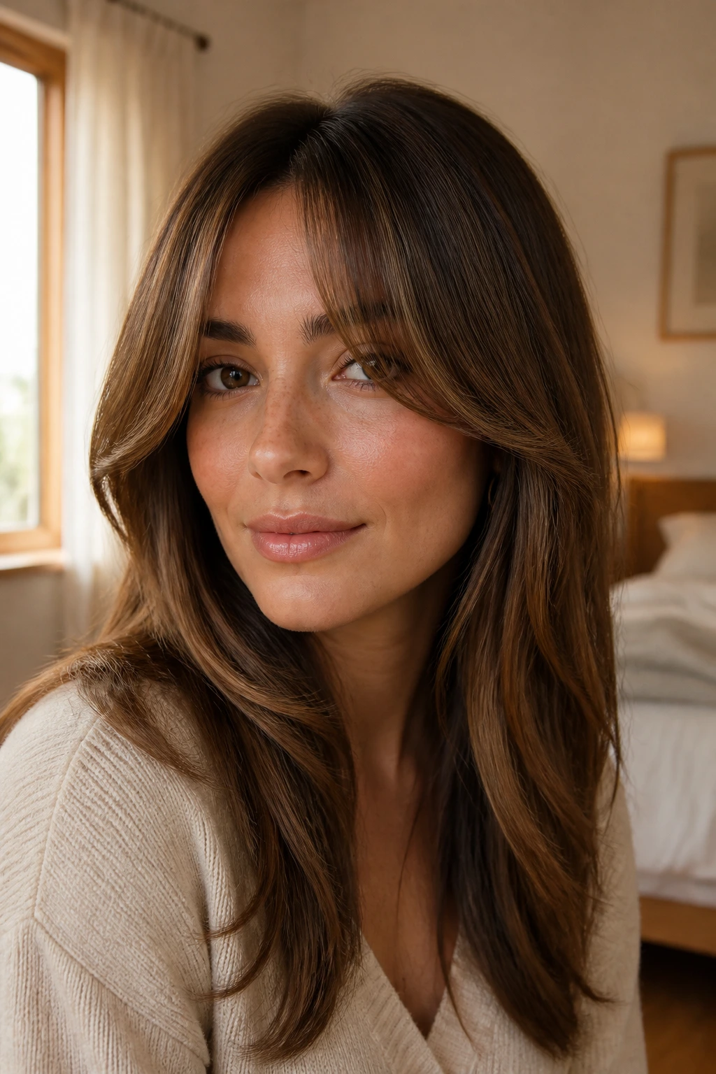 Close-up portrait of a real woman with curved-in curtain bangs framing her face in warm daylight