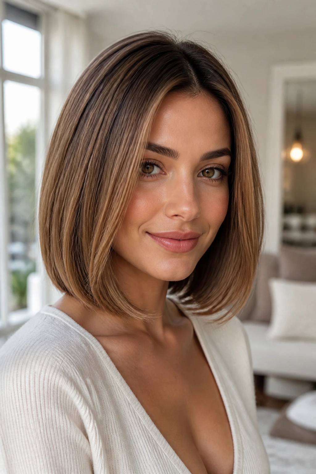 Close-up of a real woman with curved-in ends blowout for a polished look