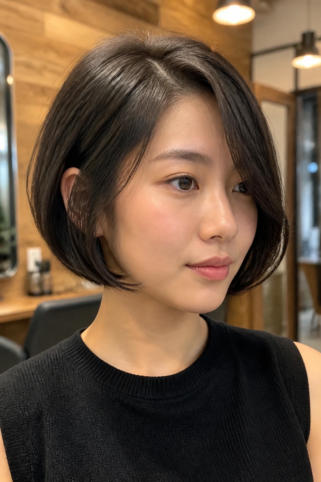 Portrait of real woman with curved-in French bob