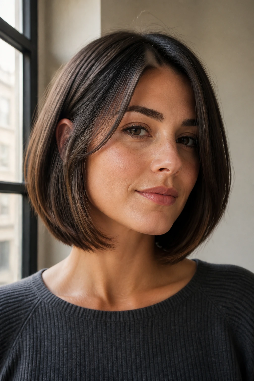 Close-up portrait of a real woman with curved-in lob hairstyle