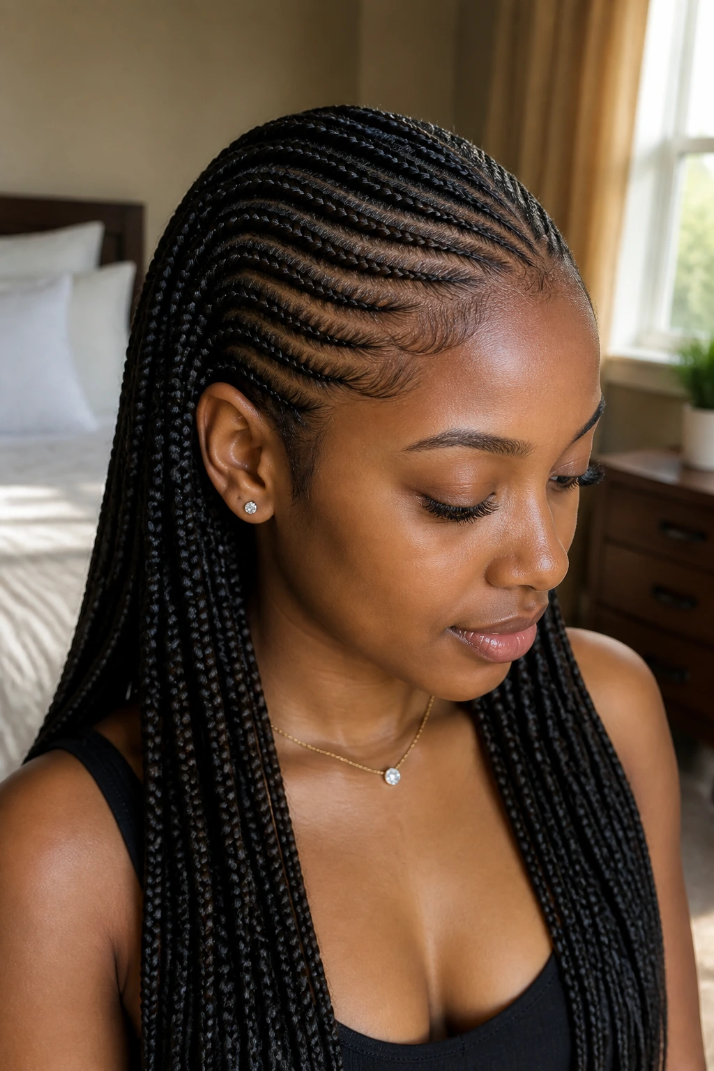 Close-up of curved-part knotless braids on a real woman with curved parting