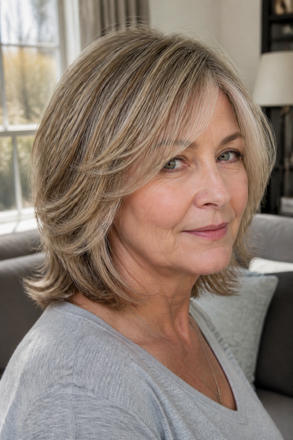 Portrait of a real woman with curved layers for fine hair showing density and movement.