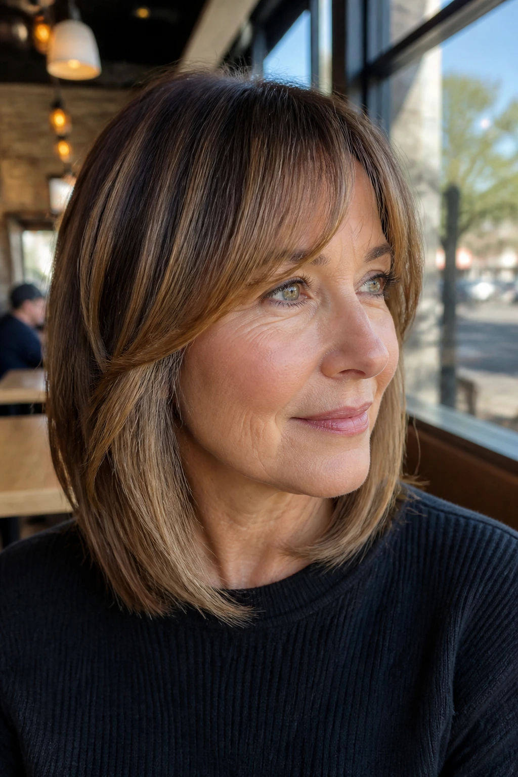 Close-up of a real woman with curved lob bangs along a shoulder-length lob