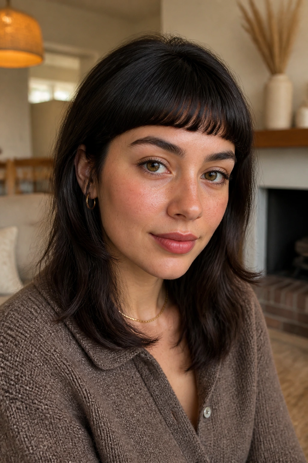 Curved Micro Bangs with Rounded Corners close-up on real person