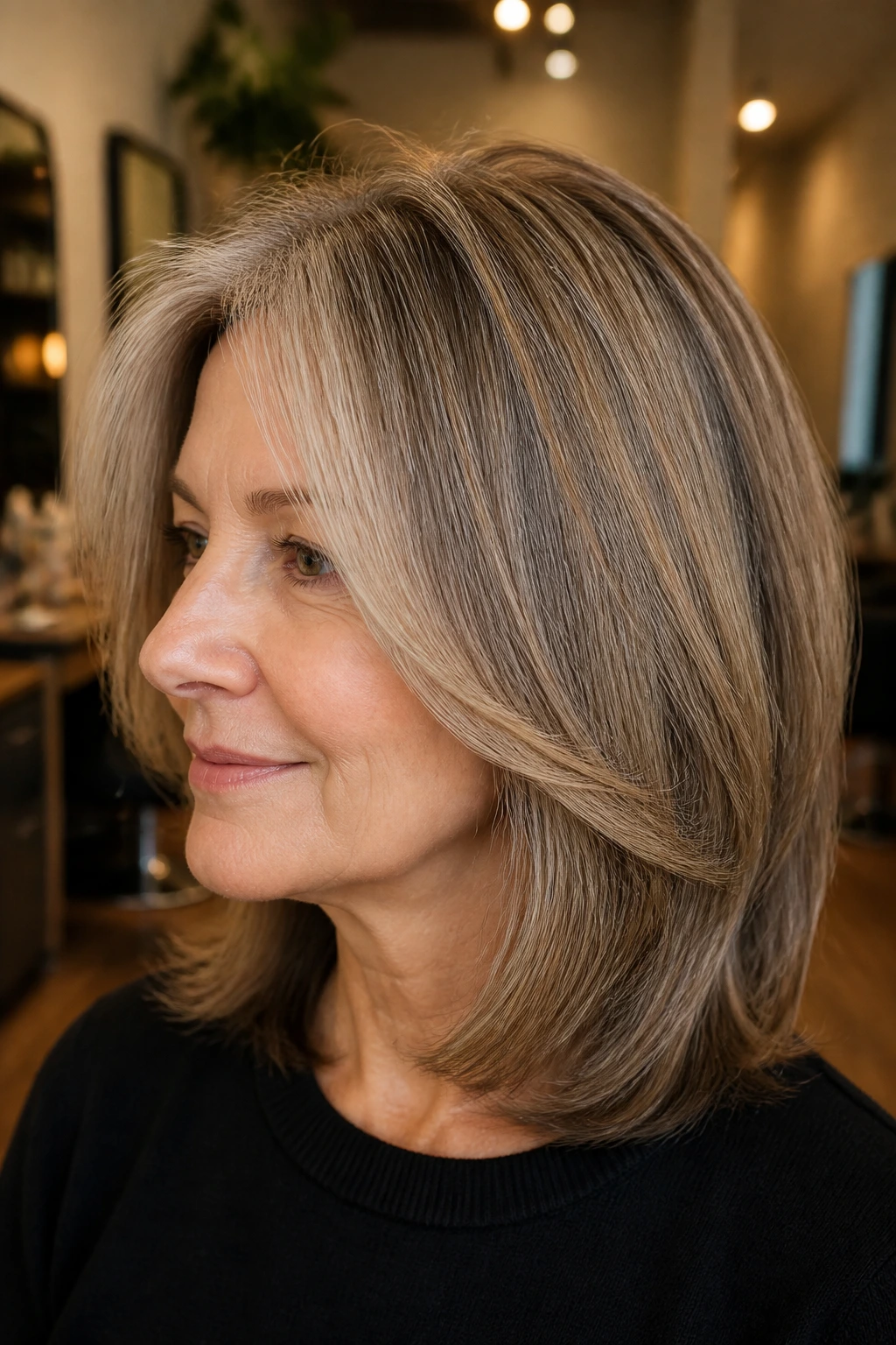 Real woman with curved mid-length haircut and hidden underlayers