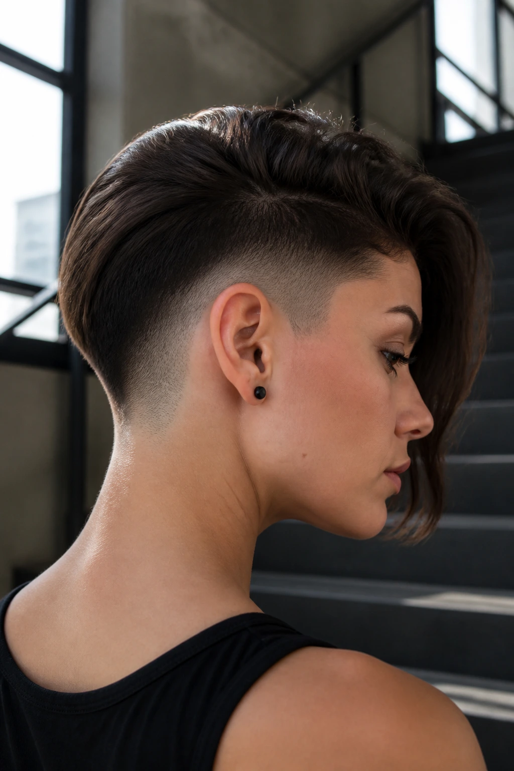 Three-quarter profile of a woman with curved-nape side fade.