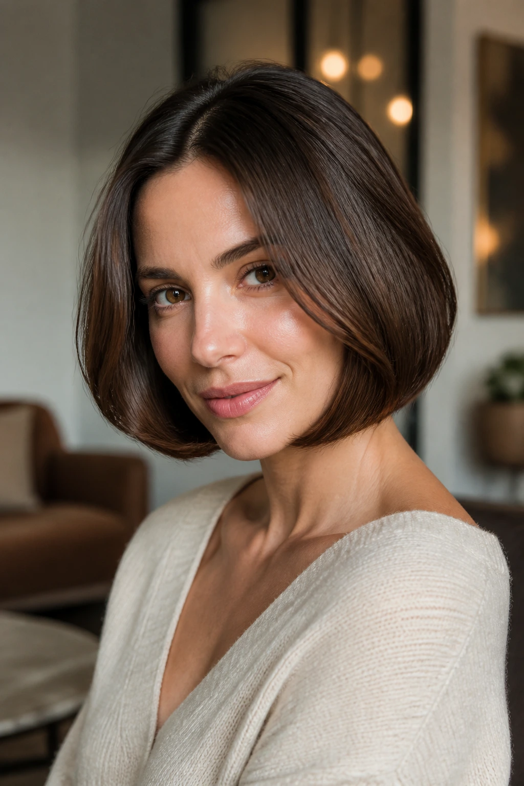 Real woman with curved neck-length bob in chic interior