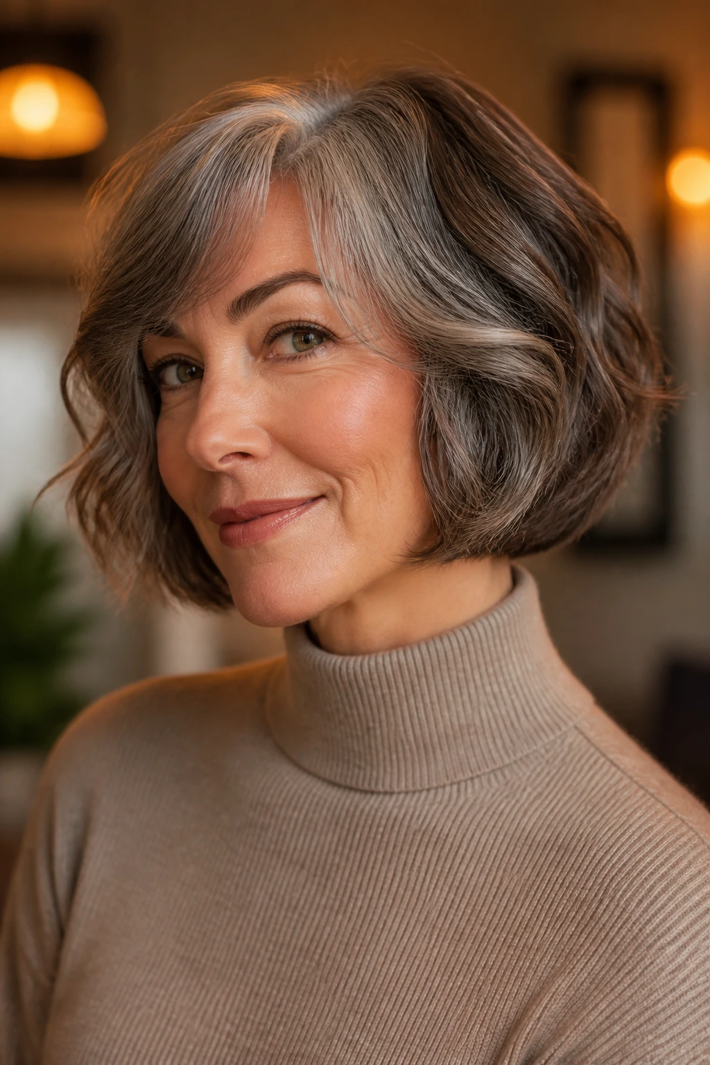 Portrait of a real woman with a curved neckline bob and high-neck garment
