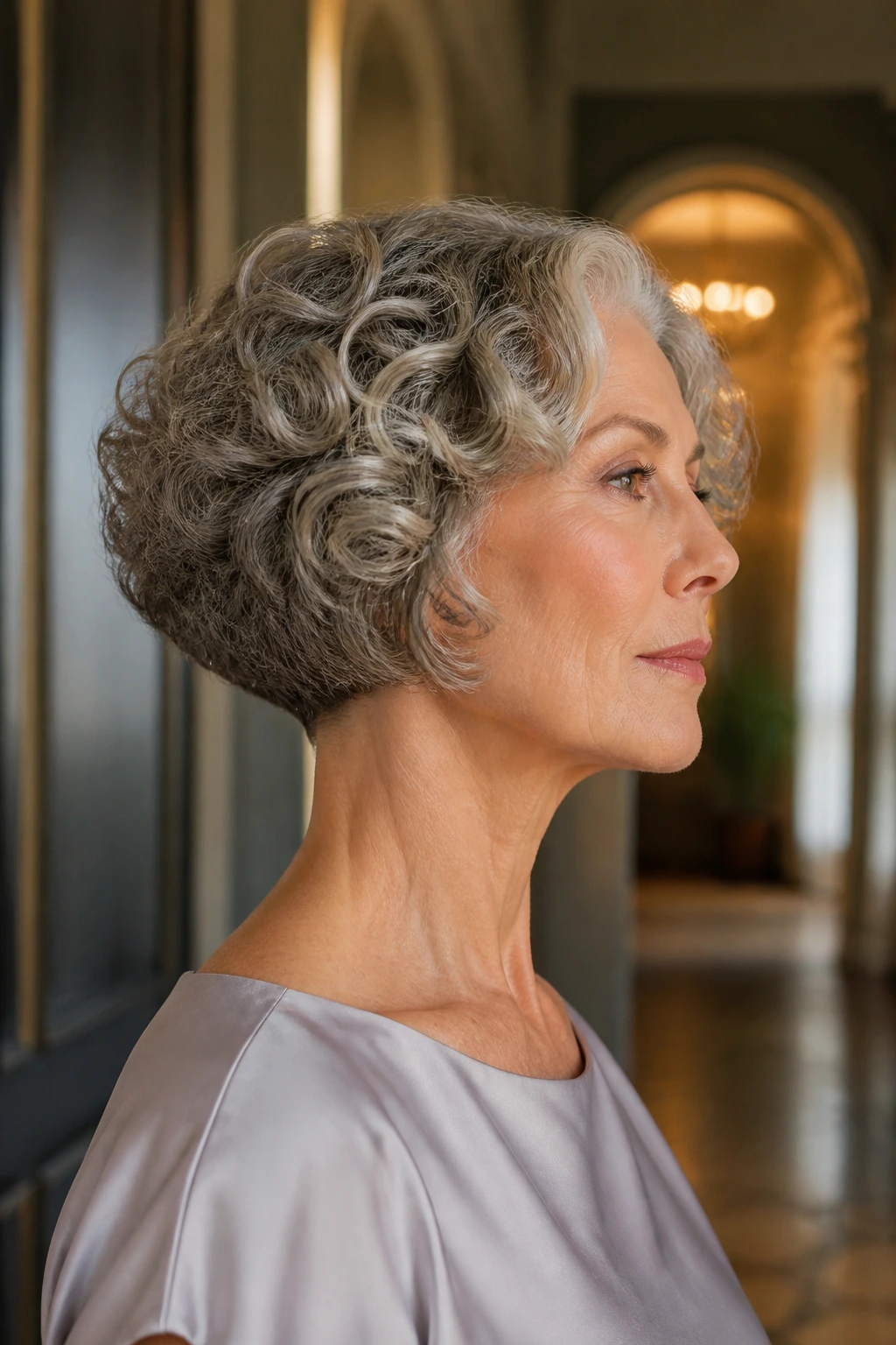 Close-up of a real woman with Curved Pageboy Bob With a Clean Neckline.
