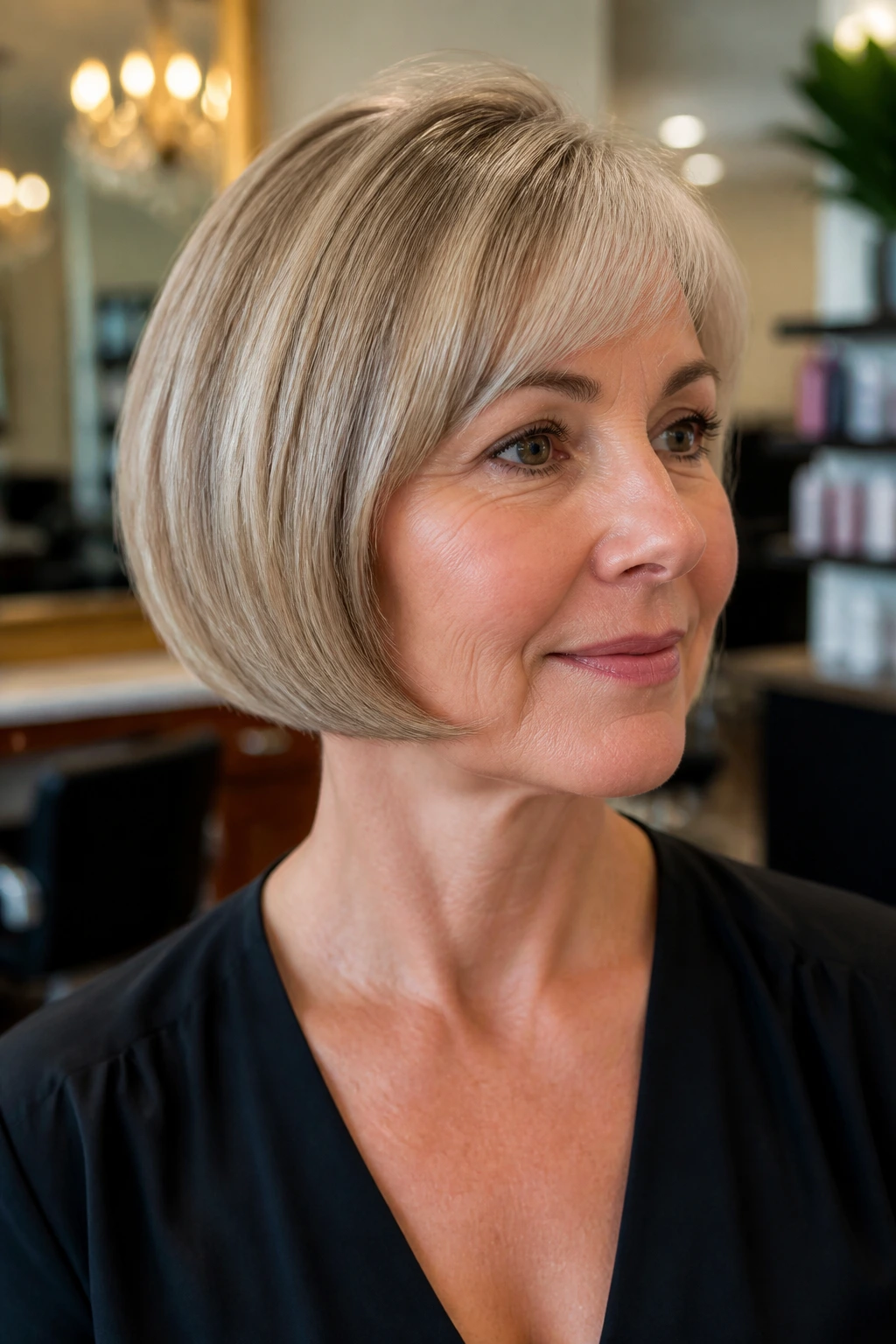 Close-up portrait of a woman with a curved pageboy hairstyle