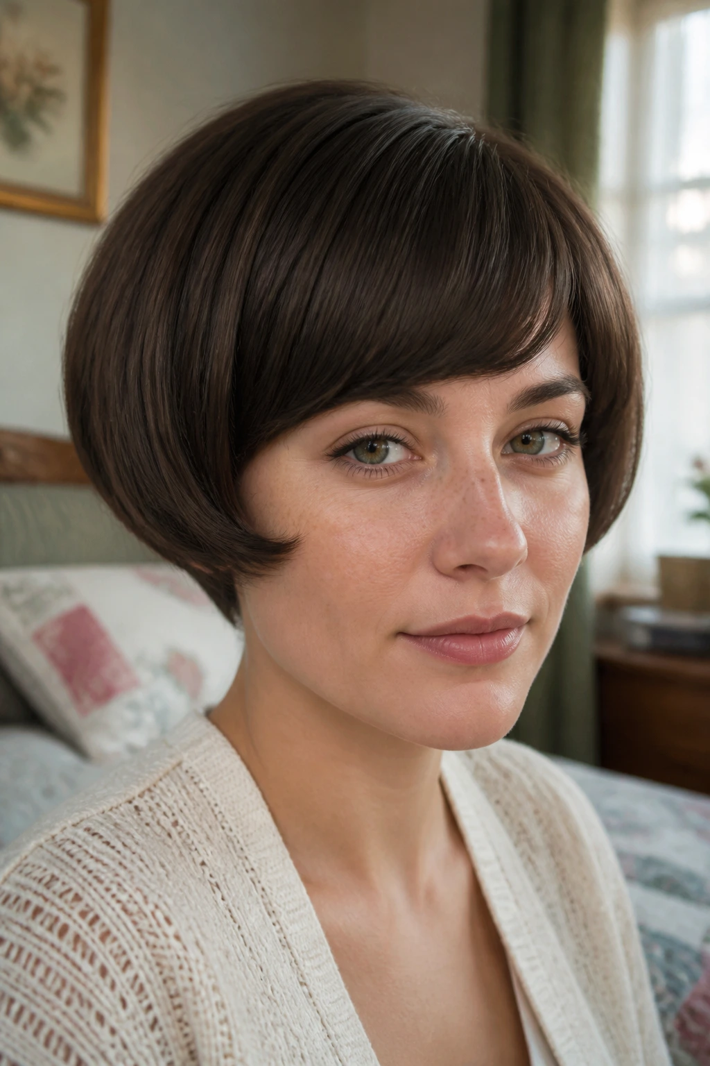 Portrait of a person with Curved Pageboy Pixie showing rounded under-edge framing the face.