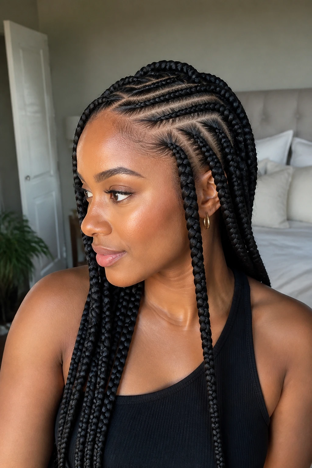 Real woman with curved-part jumbo box braids.