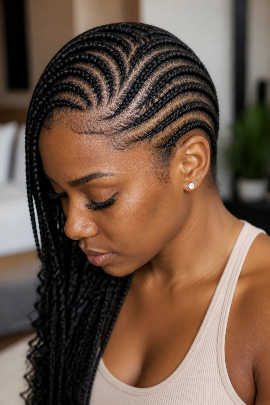 Real person with curved part lines in side cornrows