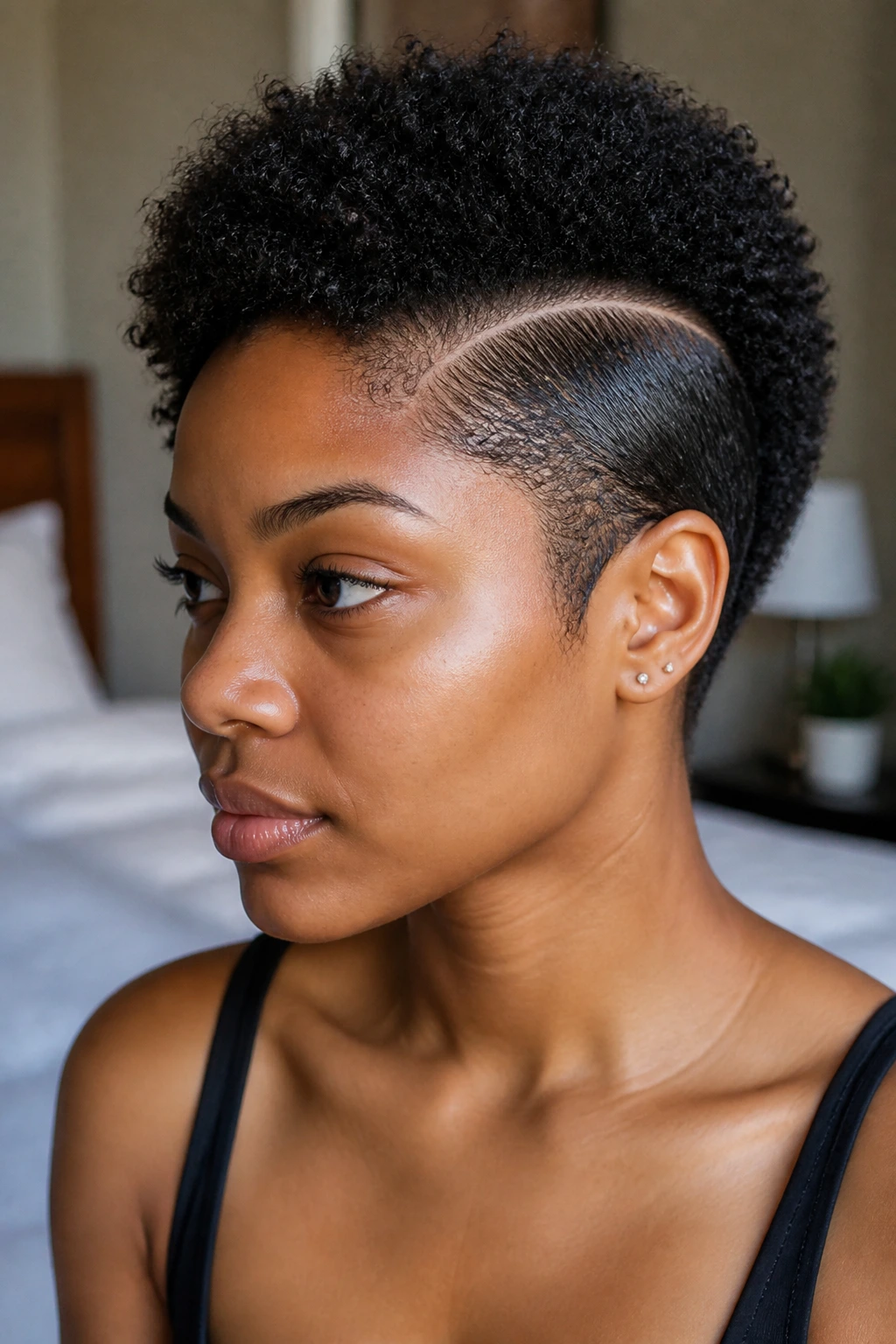 Close-up portrait of a Black woman with curved part and slicked sides