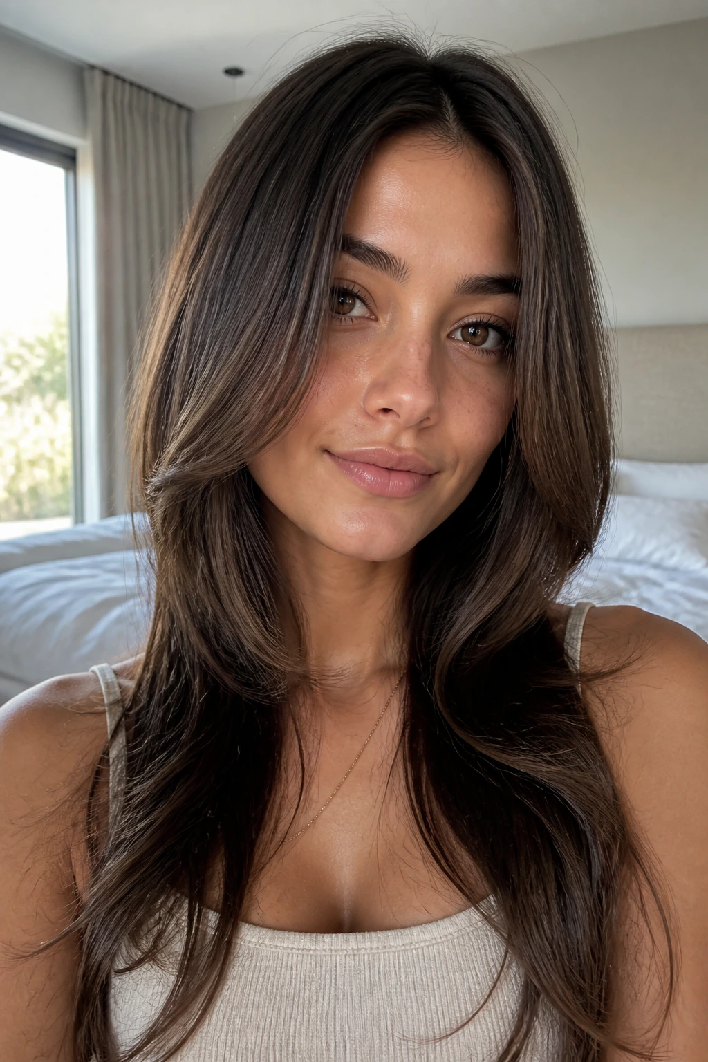 Close-up portrait of a real woman with curved pieces contouring the face