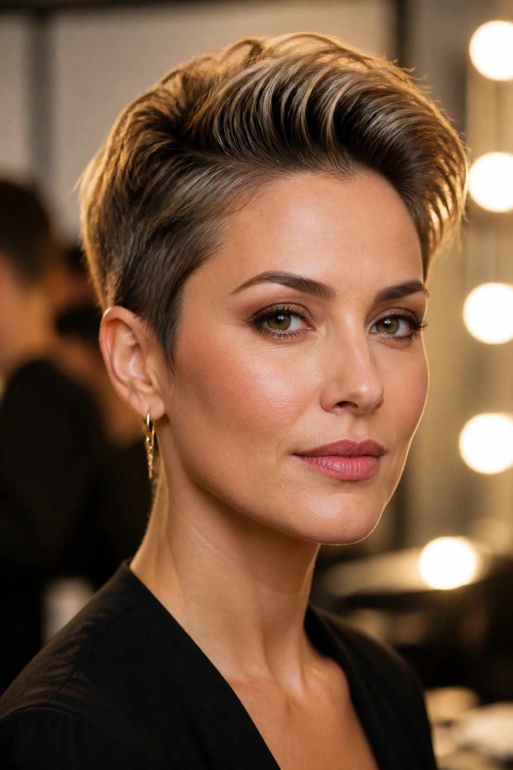Close-up portrait of a real woman with a curved pompadour pixie, front lifted in a soft arc.