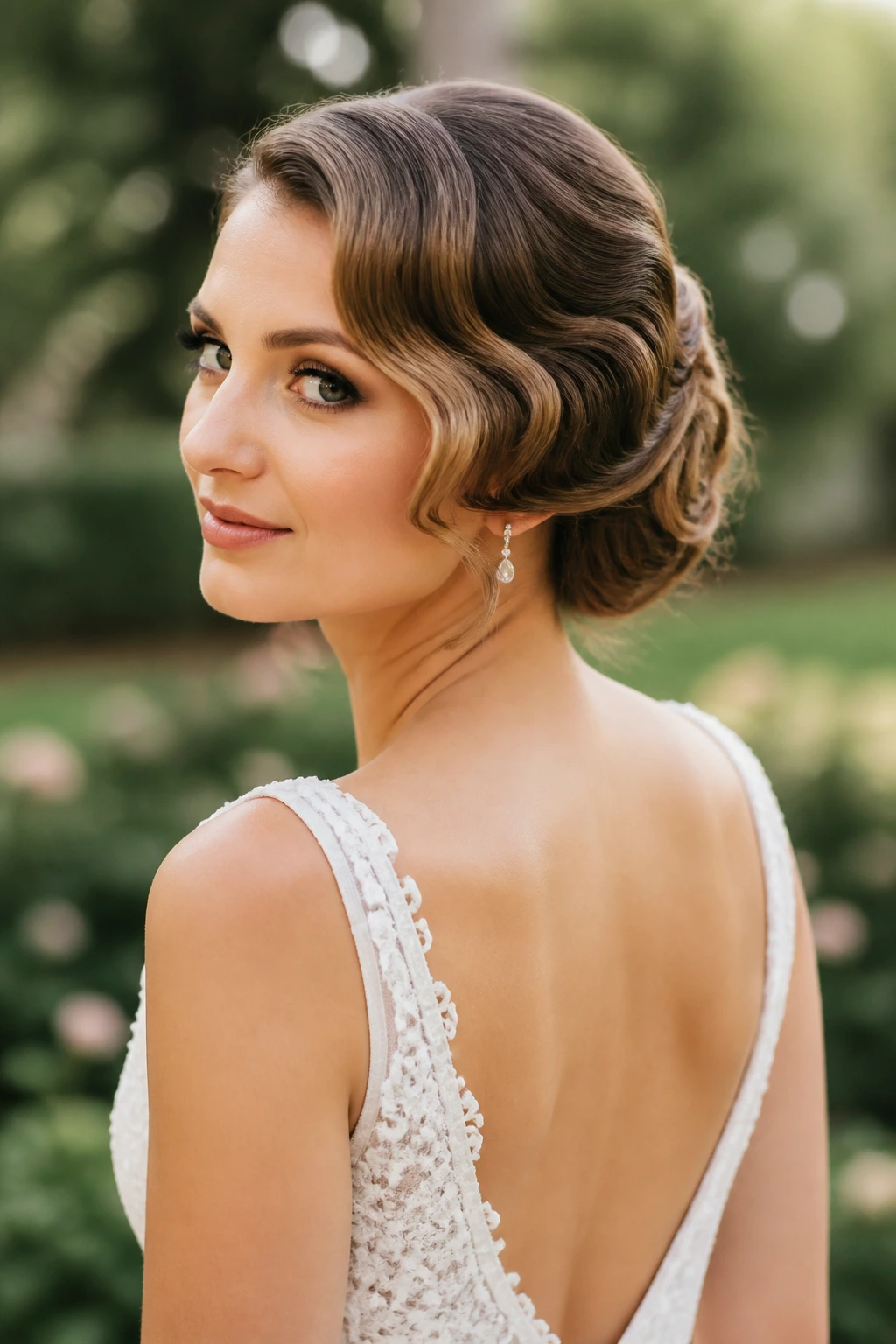 Close-up of a real bride with curved S-wave updo in garden setting