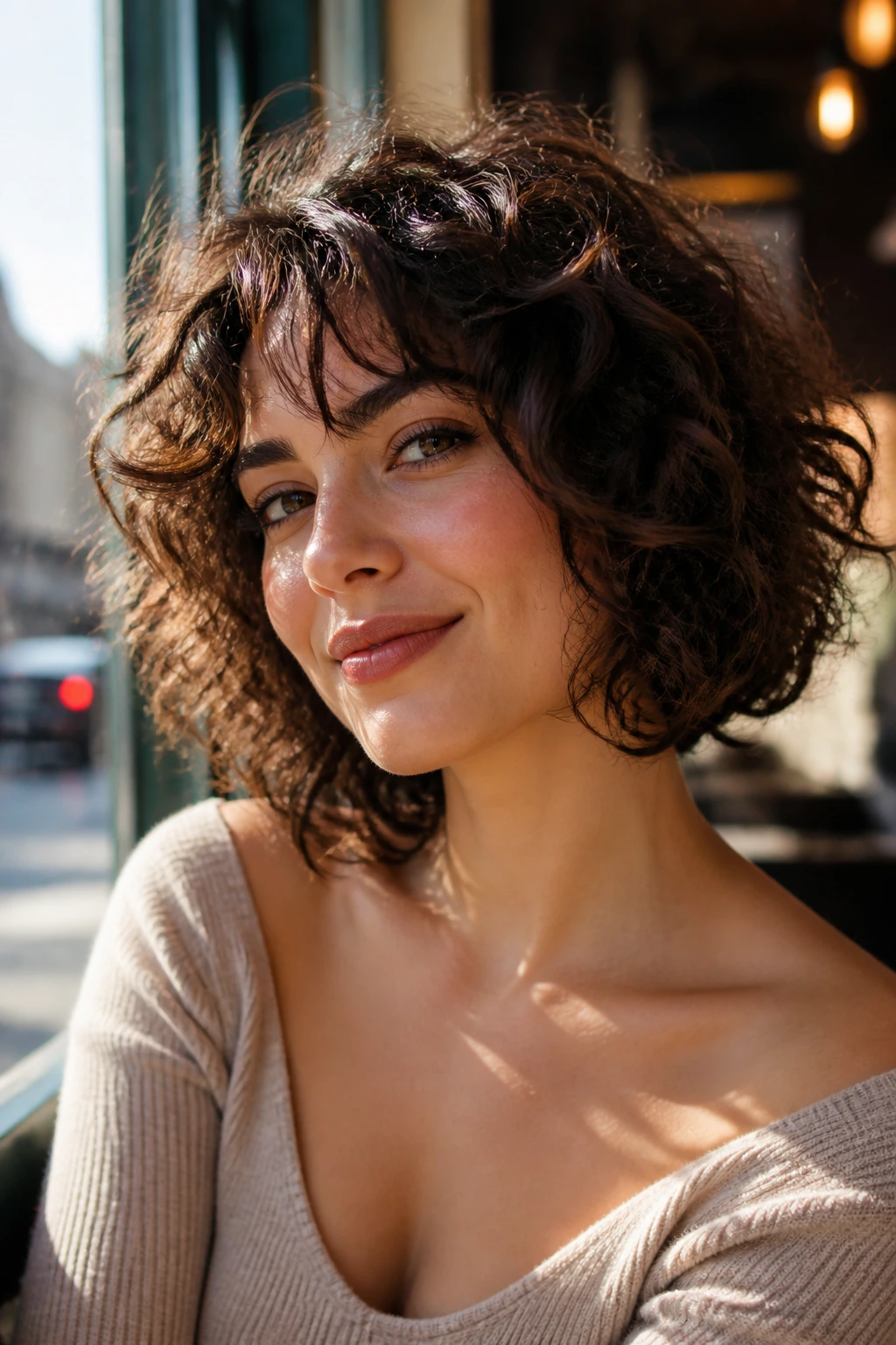 Close-up of a real woman with curved shag bob hairstyle