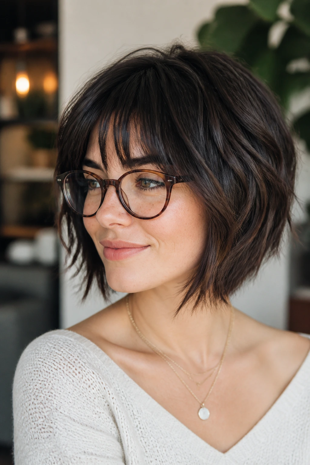 Close-up of a real woman with curved shag bob and tapered bangs