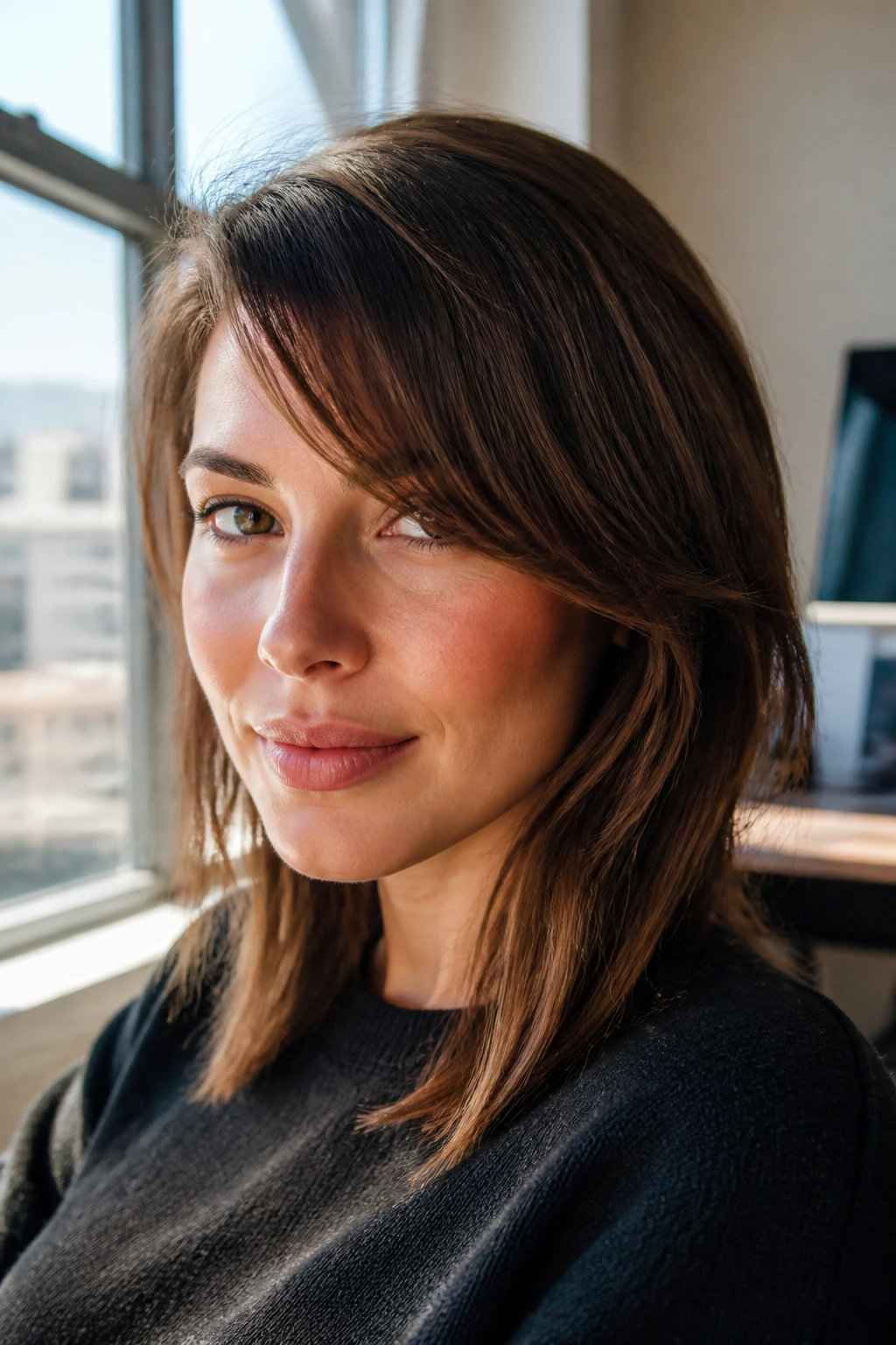 Close-up of a real woman with curved side fringe sweeping toward the cheekbone