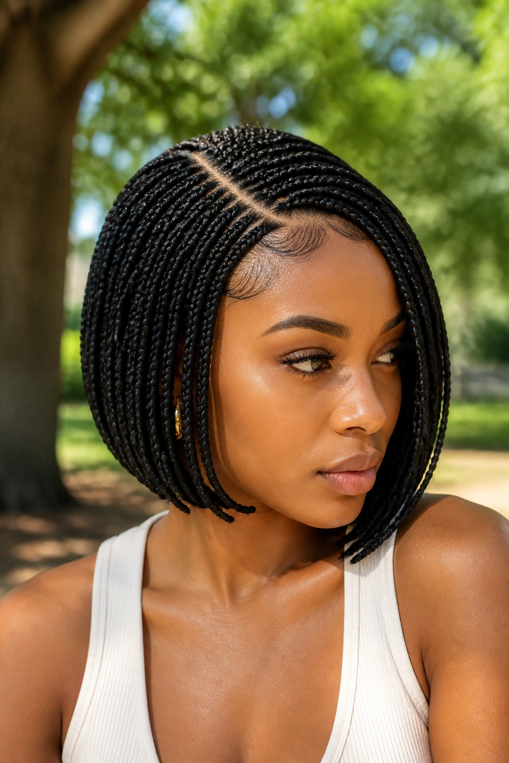 Curved swoop bob box braids on a real woman in park light