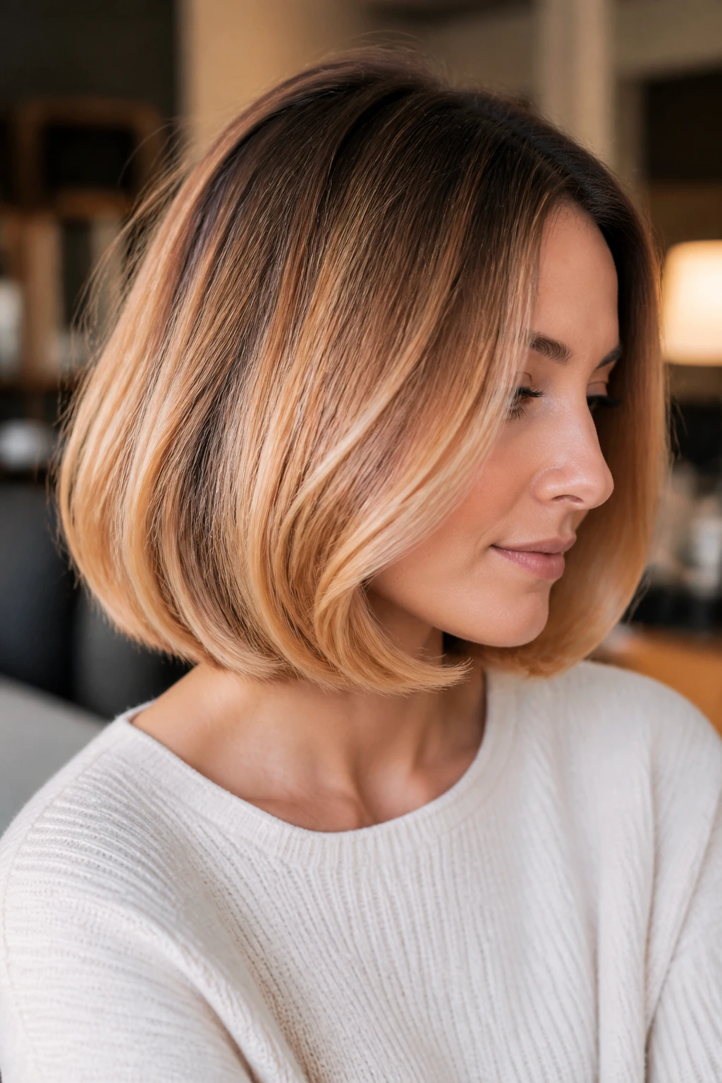 Portrait of a real woman with a curved-under bob and golden apricot balayage.