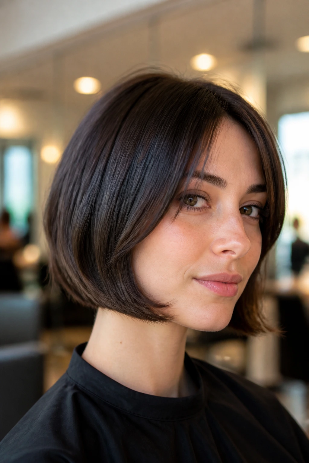 Portrait of a person with curved-under choppy bob in a modern salon