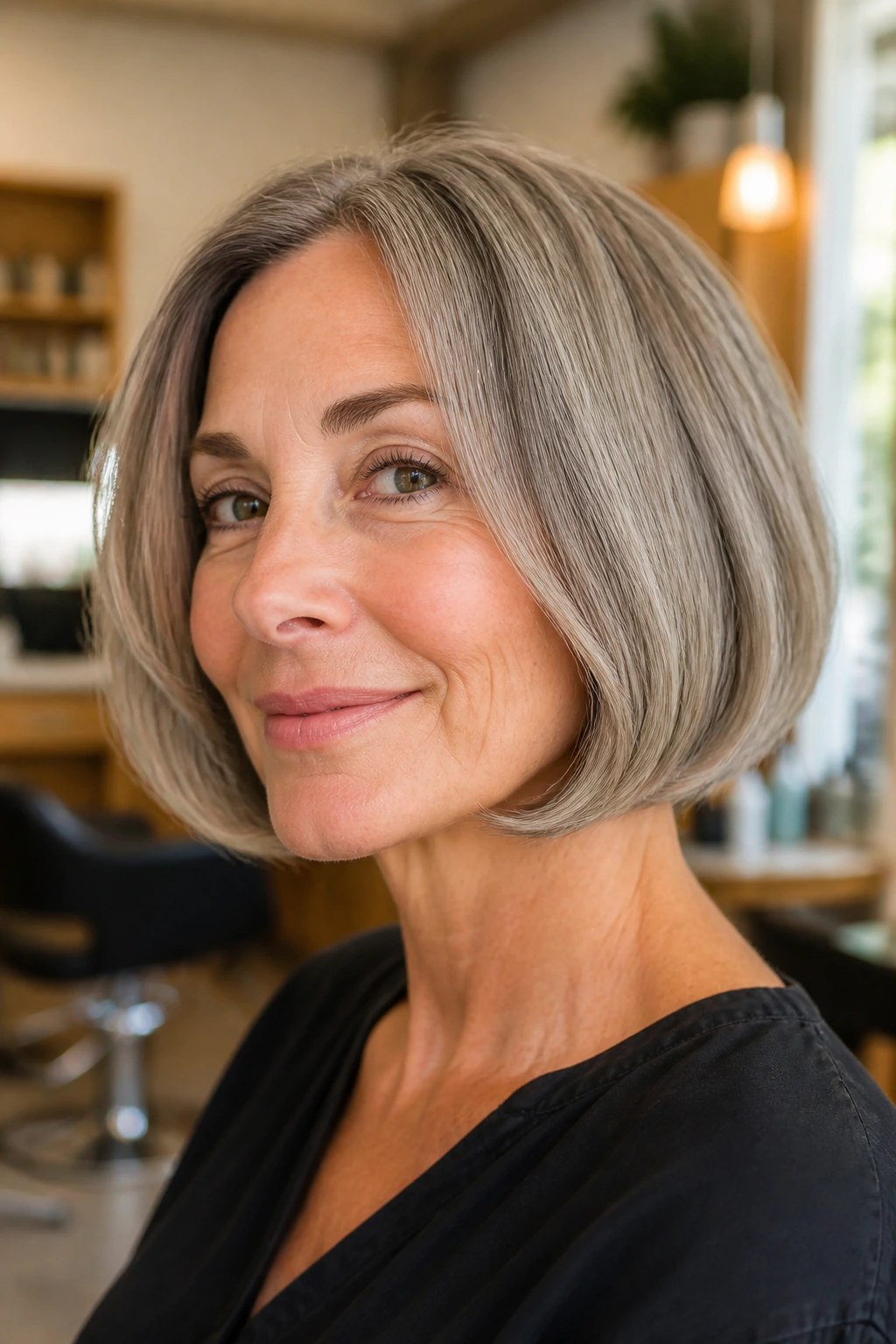 Close-up of a woman with a curved-under bob.