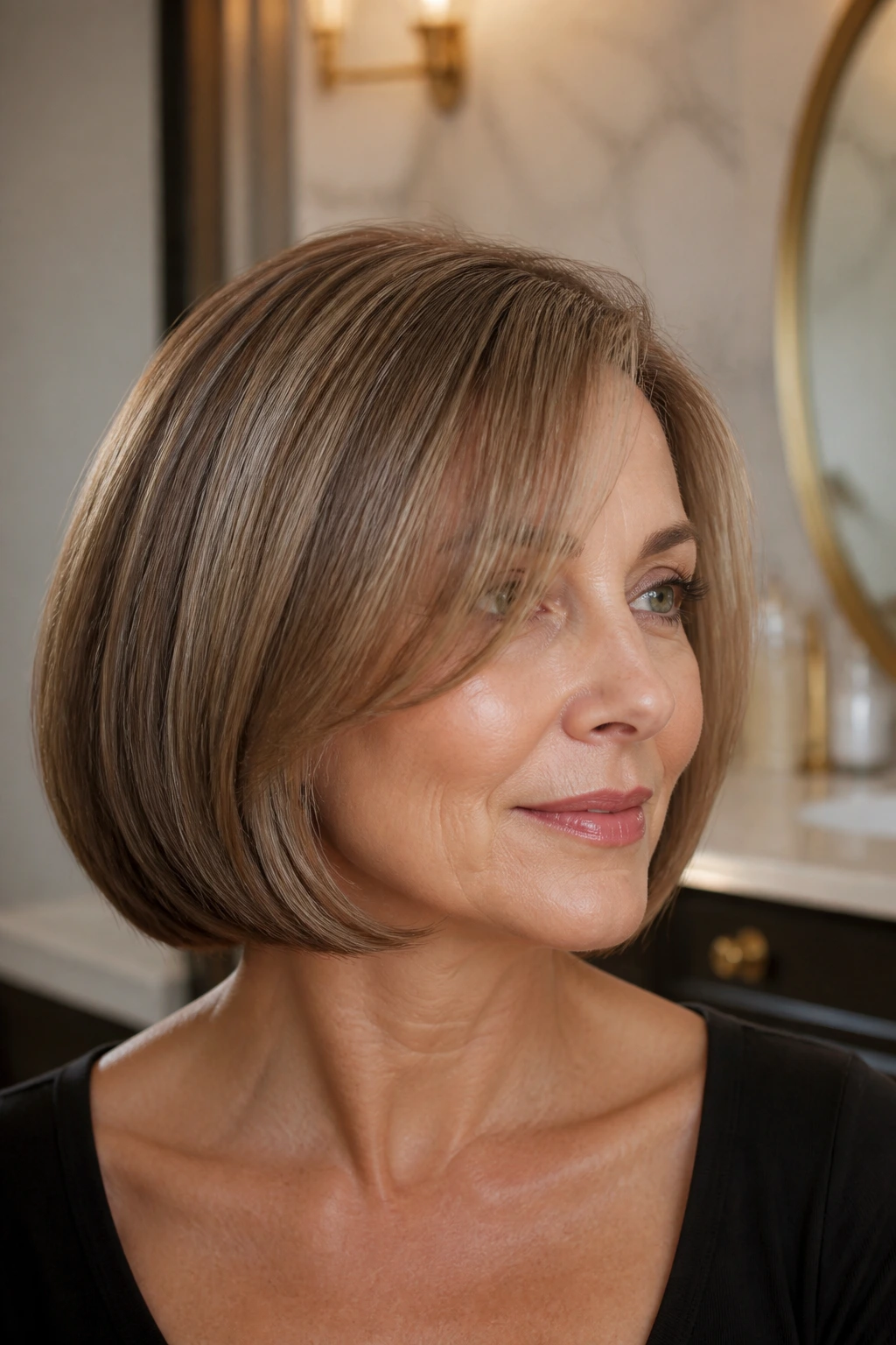 Close-up portrait of real woman with curved-under glossy bob